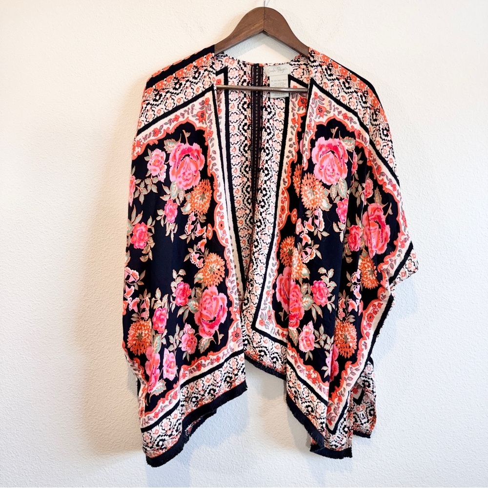 Charlie Paige Boho Floral Kimono Ruana Fringe One Size Statement Vacation Resort
